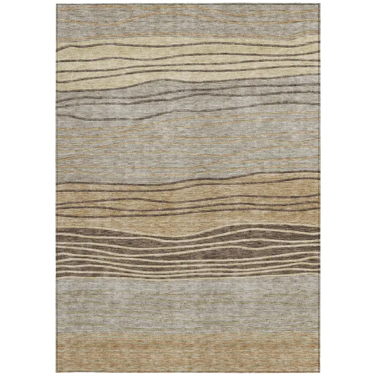 9' X 12' Taupe Brown And Beige Striped Washable Indoor Outdoor Area Rug
