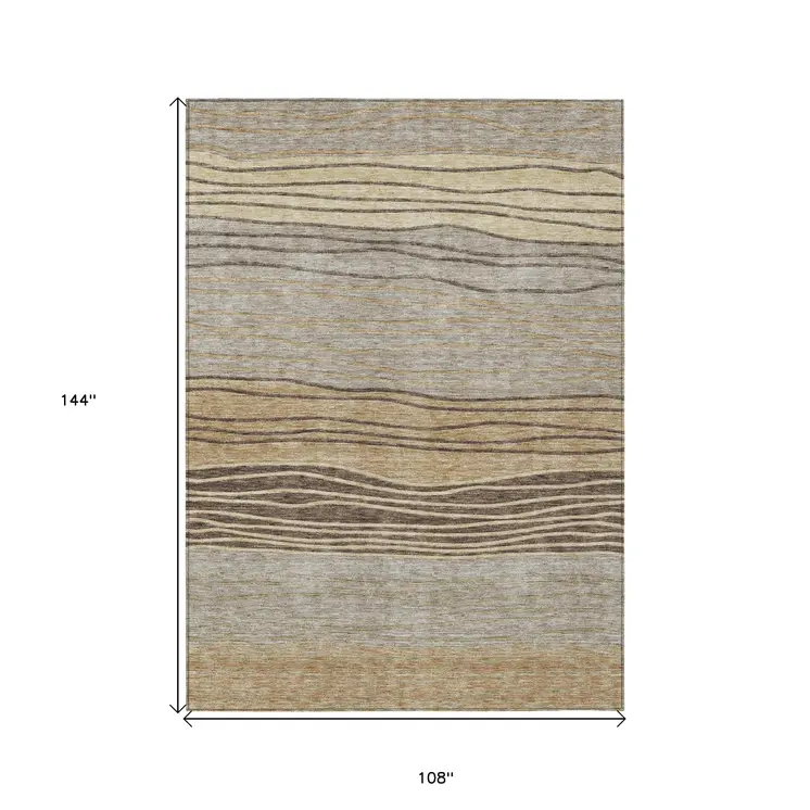 9' X 12' Taupe Brown And Beige Striped Washable Indoor Outdoor Area Rug