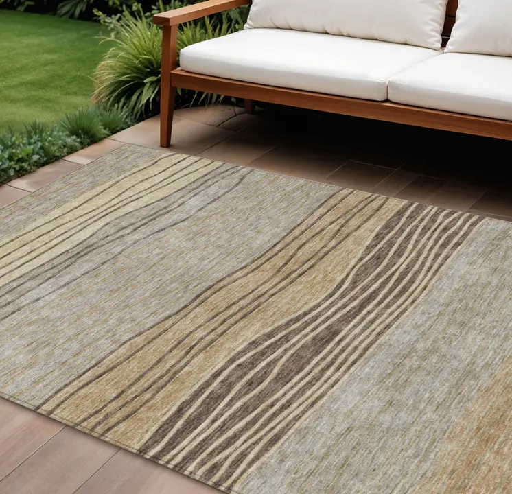 10' X 14' Taupe Brown And Beige Striped Washable Indoor Outdoor Area Rug