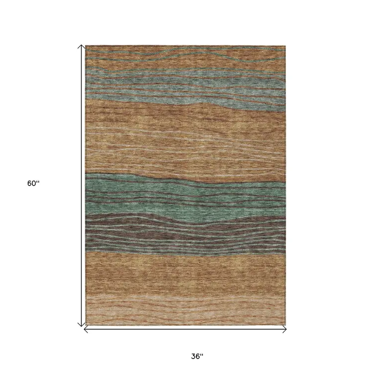 3' X 5' Terra Cotta Copper And Beige Striped Washable Indoor Outdoor Area Rug