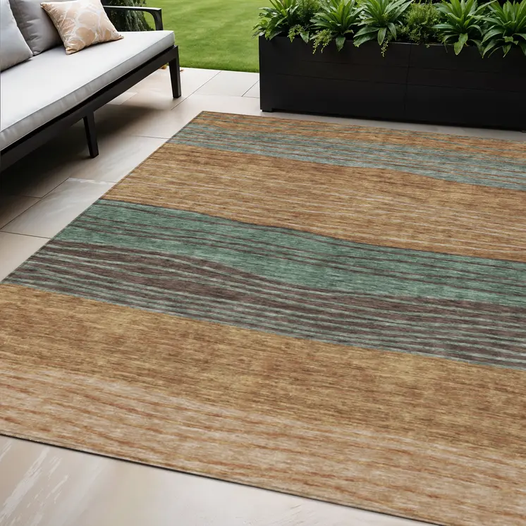 5' X 8' Terra Cotta Copper And Beige Striped Washable Indoor Outdoor Area Rug