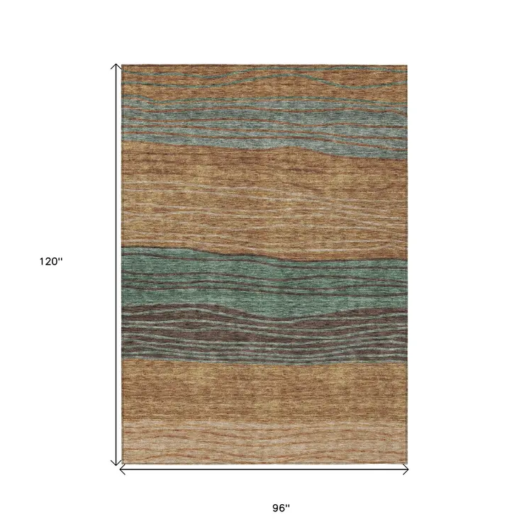 8' X 10' Terra Cotta Copper And Beige Striped Washable Indoor Outdoor Area Rug