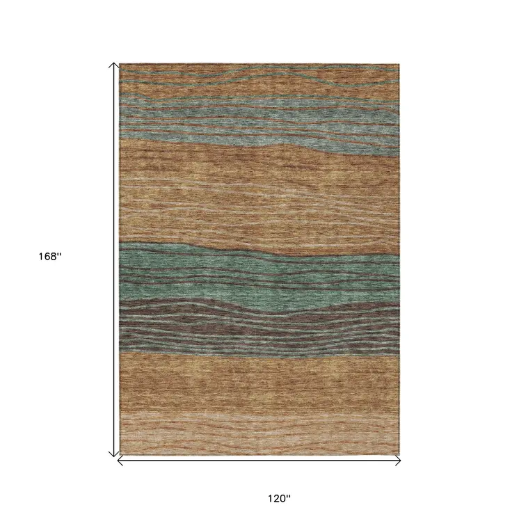 10' X 14' Terra Cotta Copper And Beige Striped Washable Indoor Outdoor Area Rug