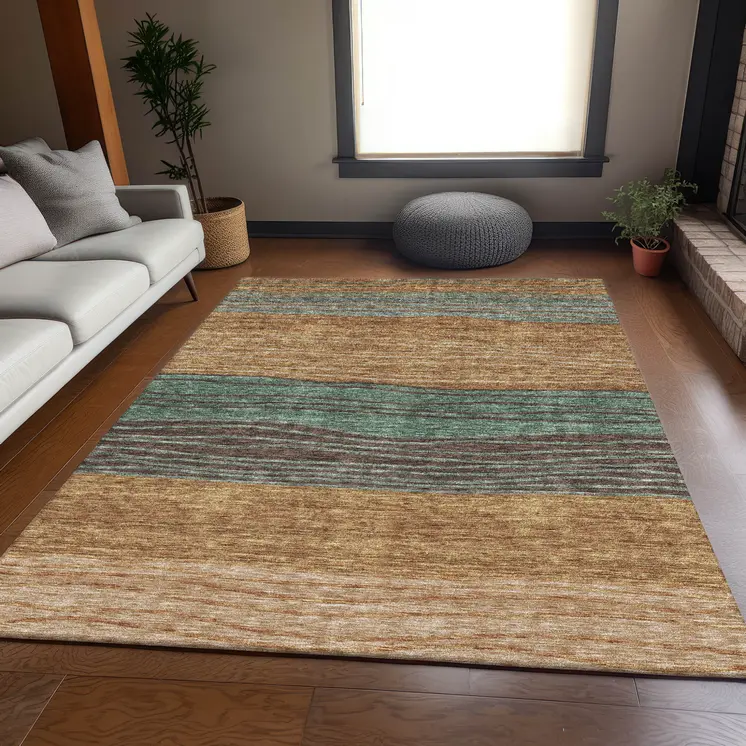 10' X 14' Terra Cotta Copper And Beige Striped Washable Indoor Outdoor Area Rug