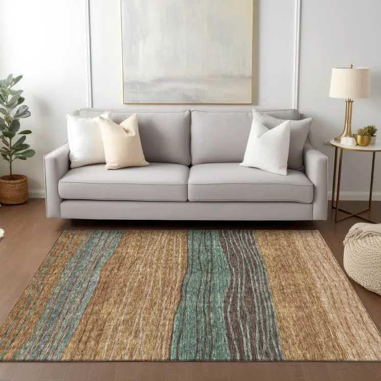 10' X 14' Terra Cotta Copper And Beige Striped Washable Indoor Outdoor Area Rug