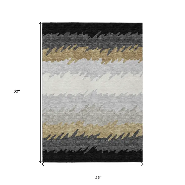 3' X 5' Black Charcoal And Silver Striped Washable Indoor Outdoor Area Rug