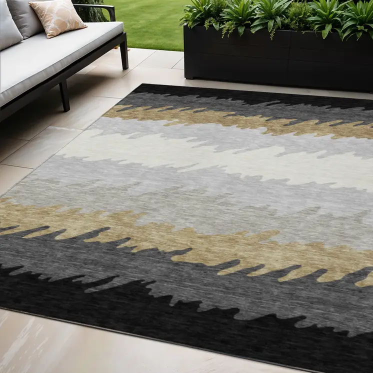5' X 8' Black Charcoal And Silver Striped Washable Indoor Outdoor Area Rug