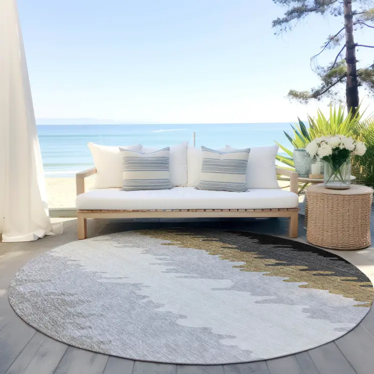 8' Black Charcoal And Silver Round Striped Washable Indoor Outdoor Area Rug