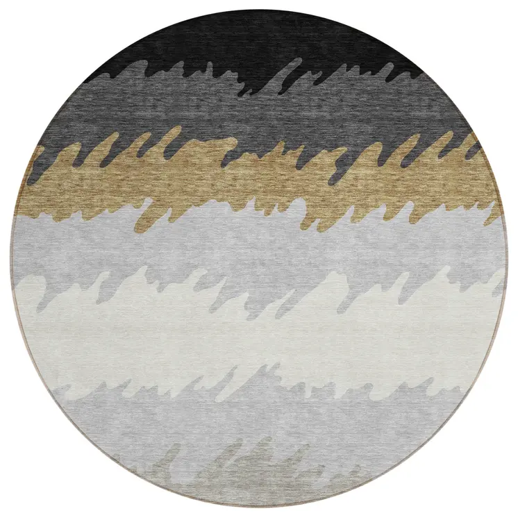 8' Black Charcoal And Silver Round Striped Washable Indoor Outdoor Area Rug