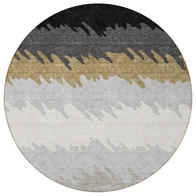 8' Black Charcoal And Silver Round Striped Washable Indoor Outdoor Area Rug
