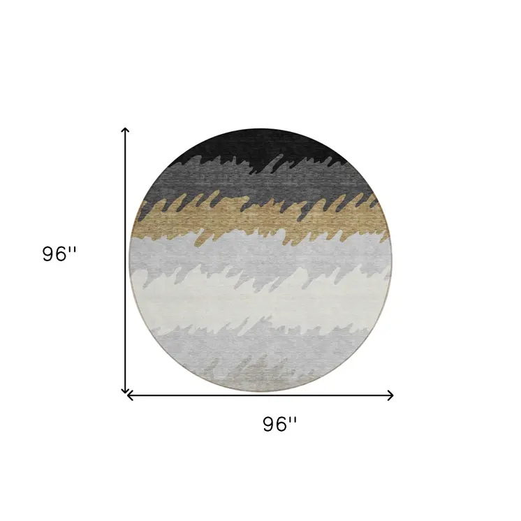8' Black Charcoal And Silver Round Striped Washable Indoor Outdoor Area Rug