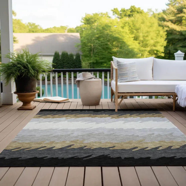 8' X 10' Black Charcoal And Silver Striped Washable Indoor Outdoor Area Rug