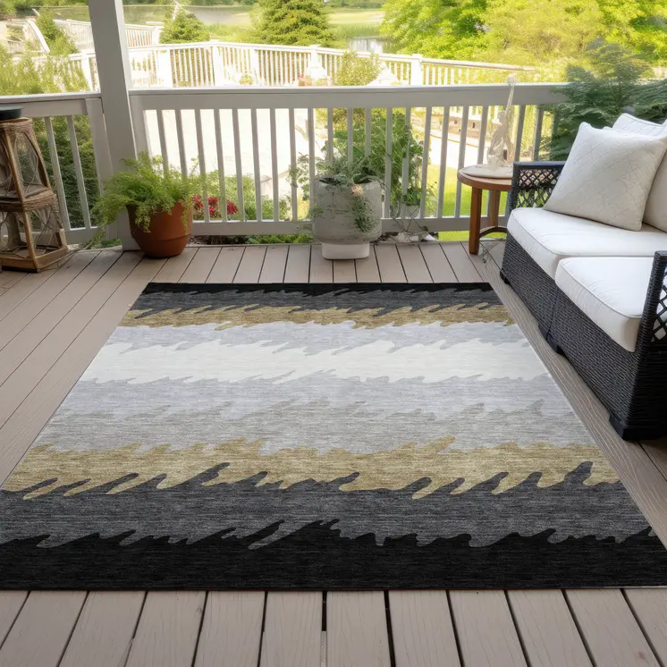 9' X 12' Black Charcoal And Silver Striped Washable Indoor Outdoor Area Rug