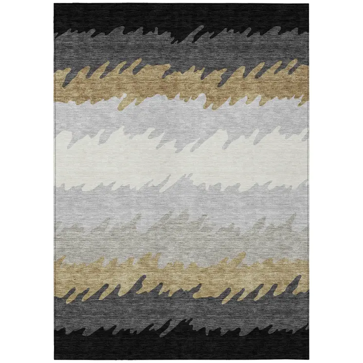9' X 12' Black Charcoal And Silver Striped Washable Indoor Outdoor Area Rug