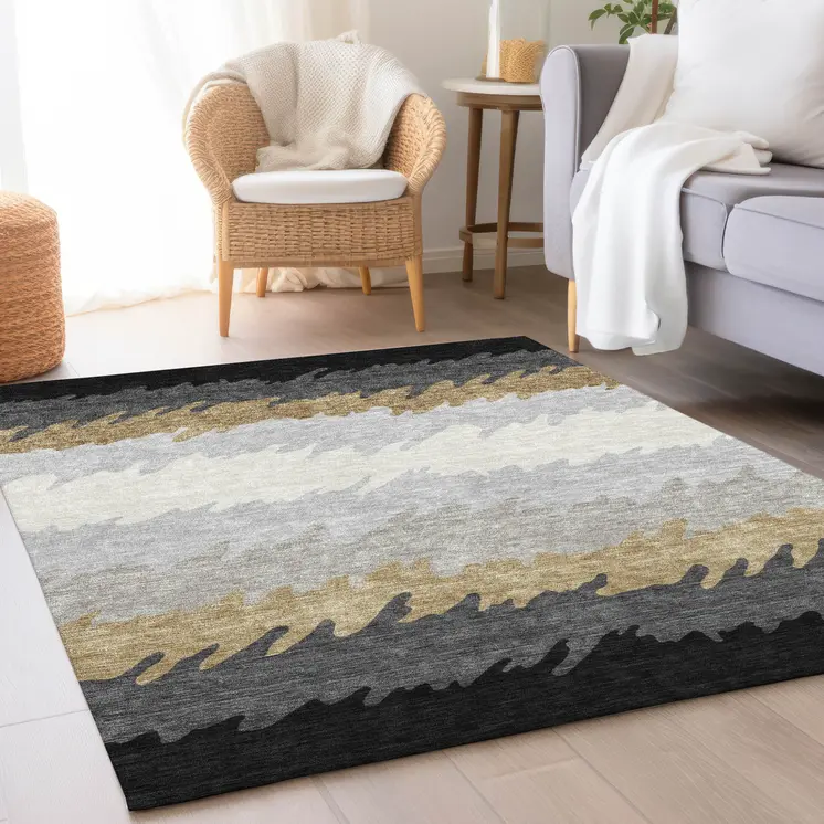 9' X 12' Black Charcoal And Silver Striped Washable Indoor Outdoor Area Rug