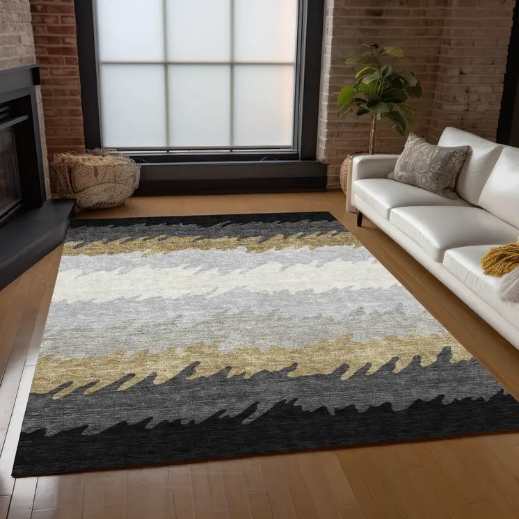 9' X 12' Black Charcoal And Silver Striped Washable Indoor Outdoor Area Rug