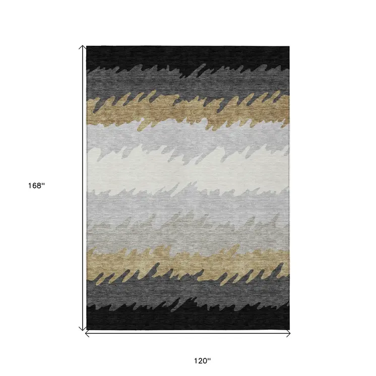 10' X 14' Black Charcoal And Silver Striped Washable Indoor Outdoor Area Rug