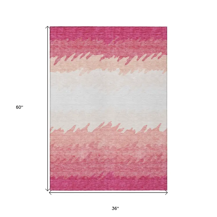 3' X 5' Blush Pink And Ivory Striped Washable Indoor Outdoor Area Rug