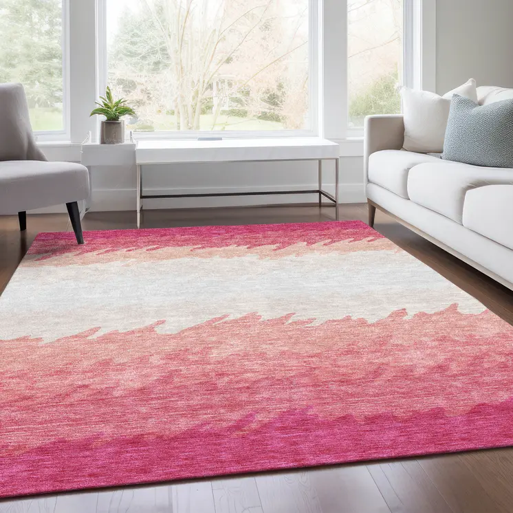10' X 14' Blush Pink And Ivory Striped Washable Indoor Outdoor Area Rug