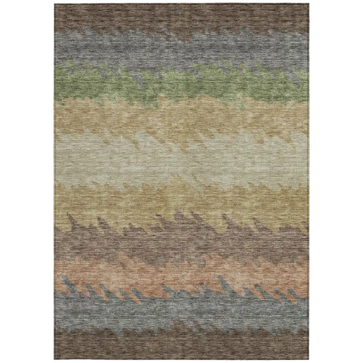 3' X 5' Chocolate Gray And Green Striped Washable Indoor Outdoor Area Rug