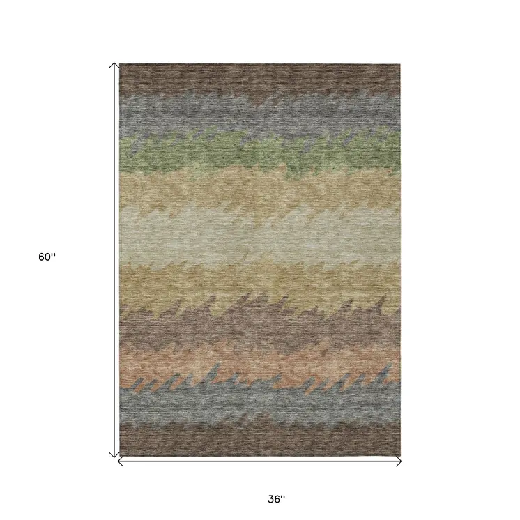 3' X 5' Chocolate Gray And Green Striped Washable Indoor Outdoor Area Rug