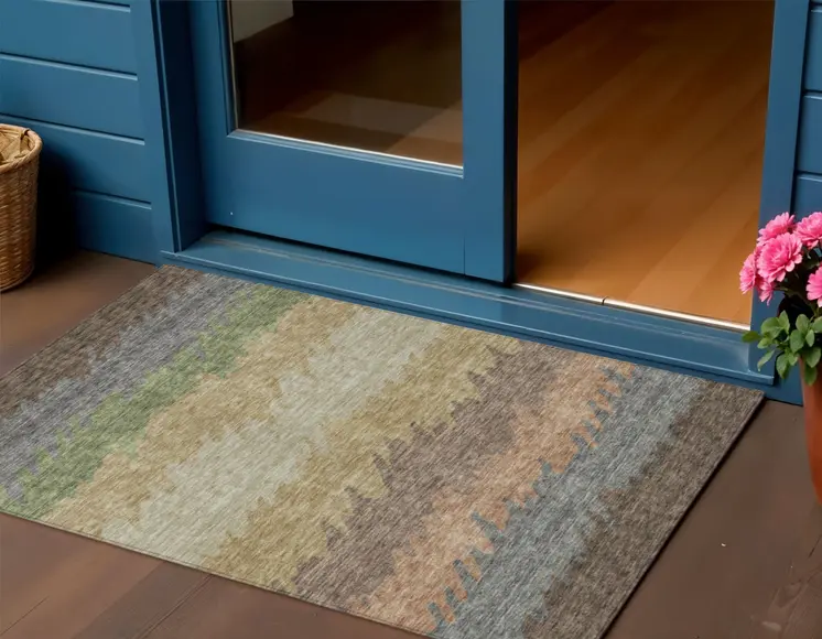 3' X 5' Chocolate Gray And Green Striped Washable Indoor Outdoor Area Rug