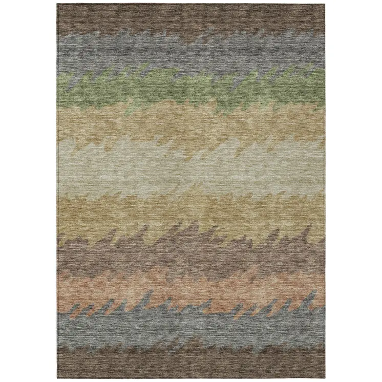 3' X 5' Chocolate Gray And Green Striped Washable Indoor Outdoor Area Rug