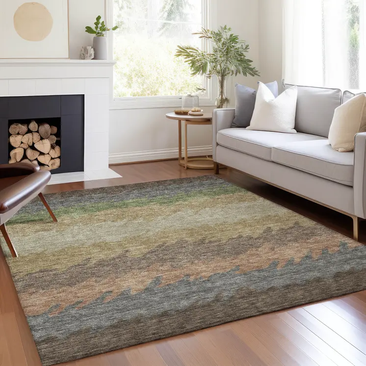 3' X 5' Chocolate Gray And Green Striped Washable Indoor Outdoor Area Rug