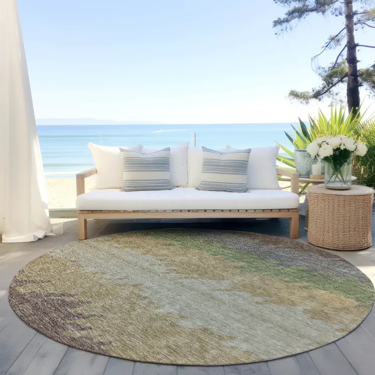 8' Chocolate Gray And Green Round Striped Washable Indoor Outdoor Area Rug
