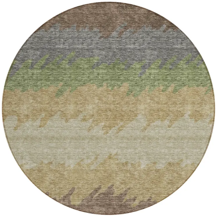 8' Chocolate Gray And Green Round Striped Washable Indoor Outdoor Area Rug