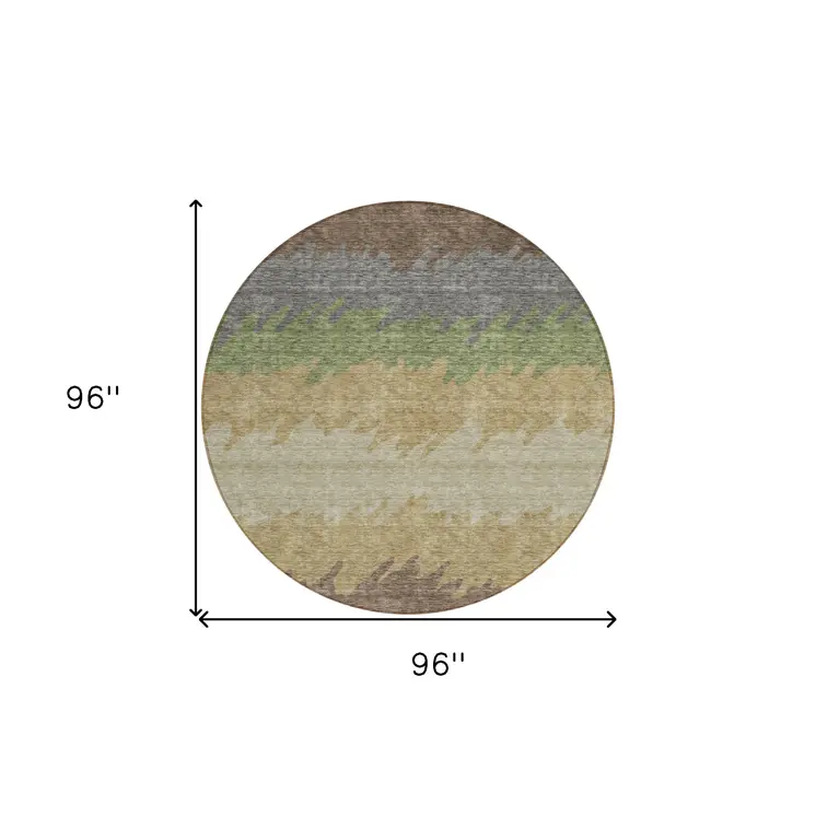 8' Chocolate Gray And Green Round Striped Washable Indoor Outdoor Area Rug
