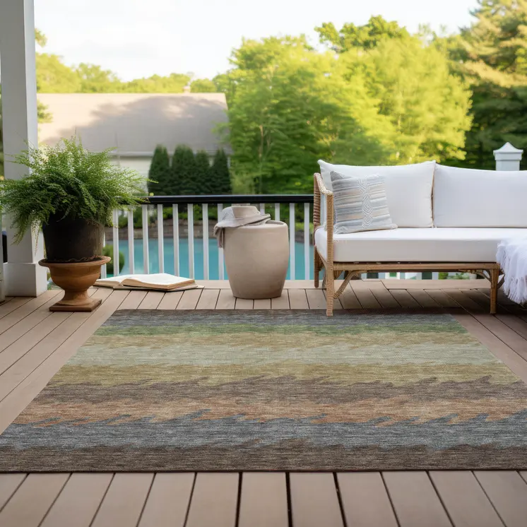 8' X 10' Chocolate Gray And Green Striped Washable Indoor Outdoor Area Rug