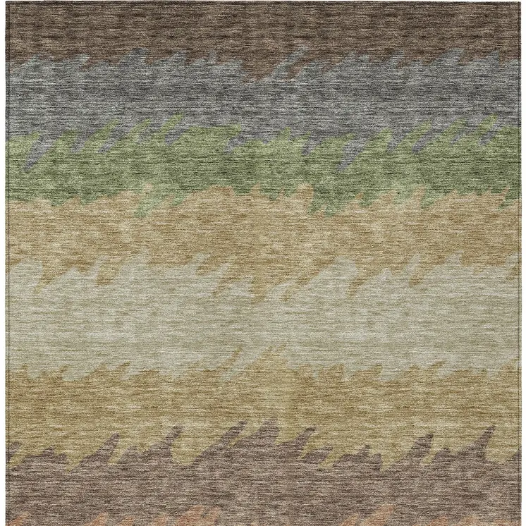 10' X 14' Chocolate Gray And Green Striped Washable Indoor Outdoor Area Rug