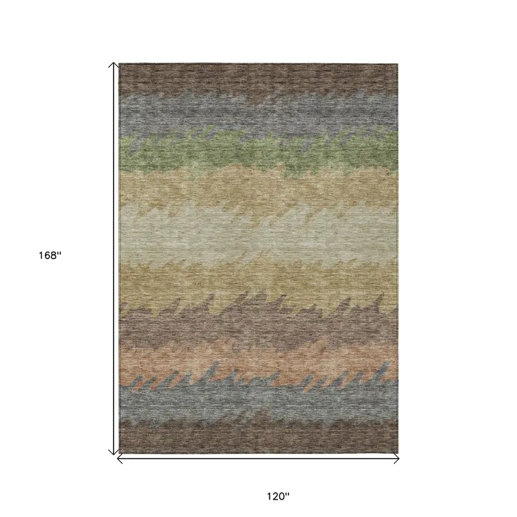 10' X 14' Chocolate Gray And Green Striped Washable Indoor Outdoor Area Rug