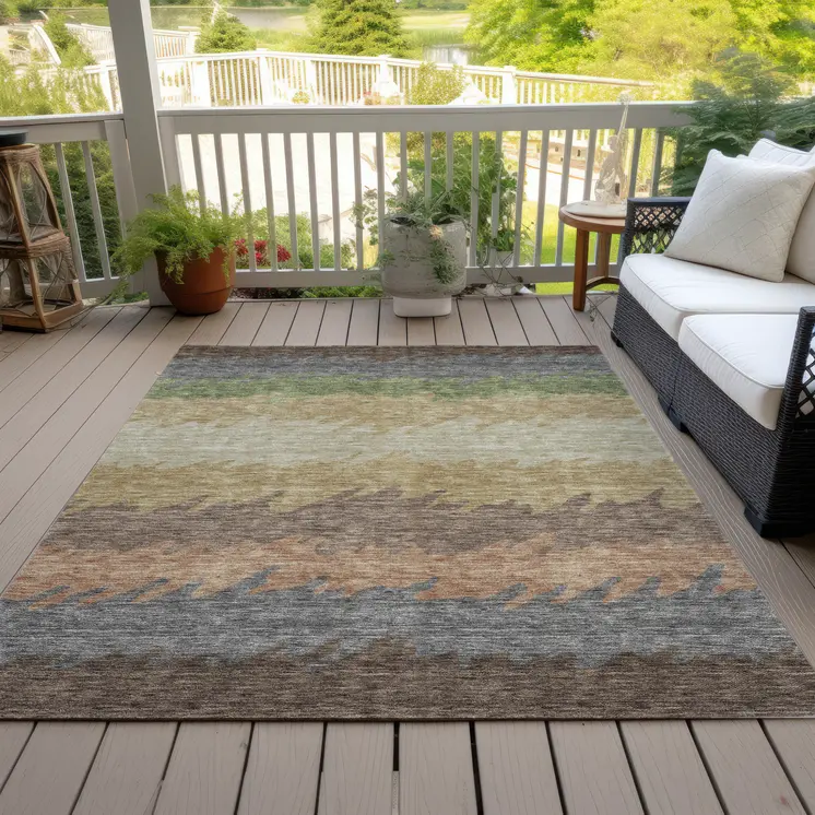10' X 14' Chocolate Gray And Green Striped Washable Indoor Outdoor Area Rug