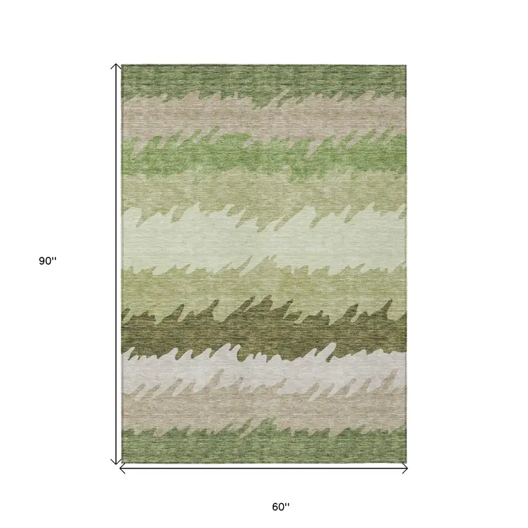 5' X 8' Green And Beige Striped Washable Indoor Outdoor Area Rug