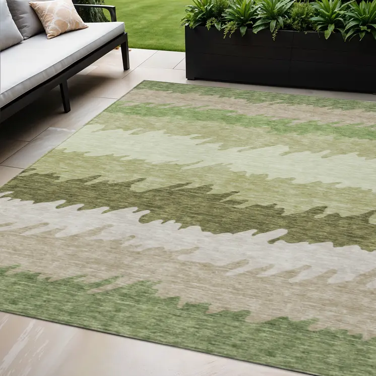 5' X 8' Green And Beige Striped Washable Indoor Outdoor Area Rug