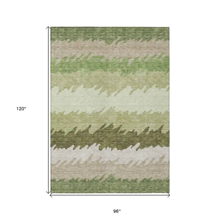 8' X 10' Beige And Olive Green Striped Washable Indoor Outdoor Area Rug