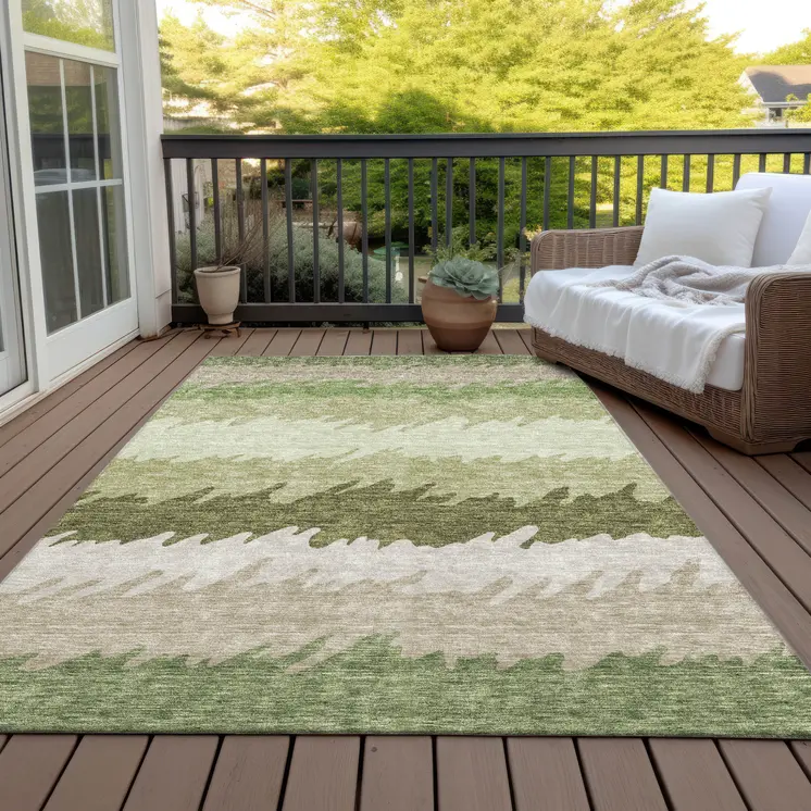 8' X 10' Beige And Olive Green Striped Washable Indoor Outdoor Area Rug