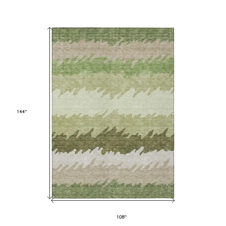 9' X 12' Beige And Olive Green Striped Washable Indoor Outdoor Area Rug