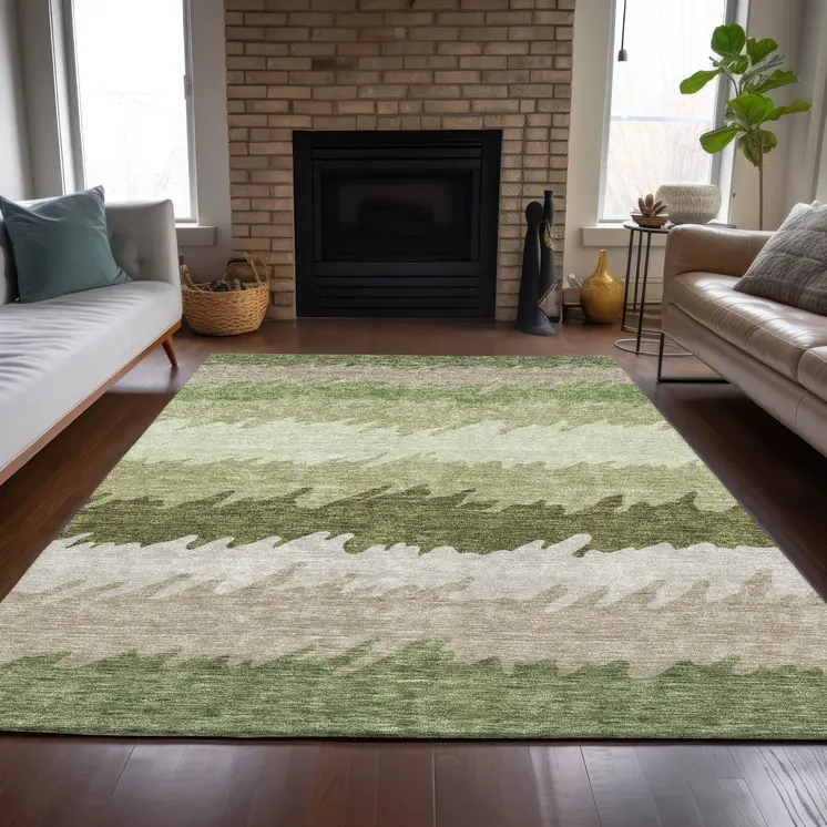 10' X 14' Beige And Olive Green Striped Washable Indoor Outdoor Area Rug
