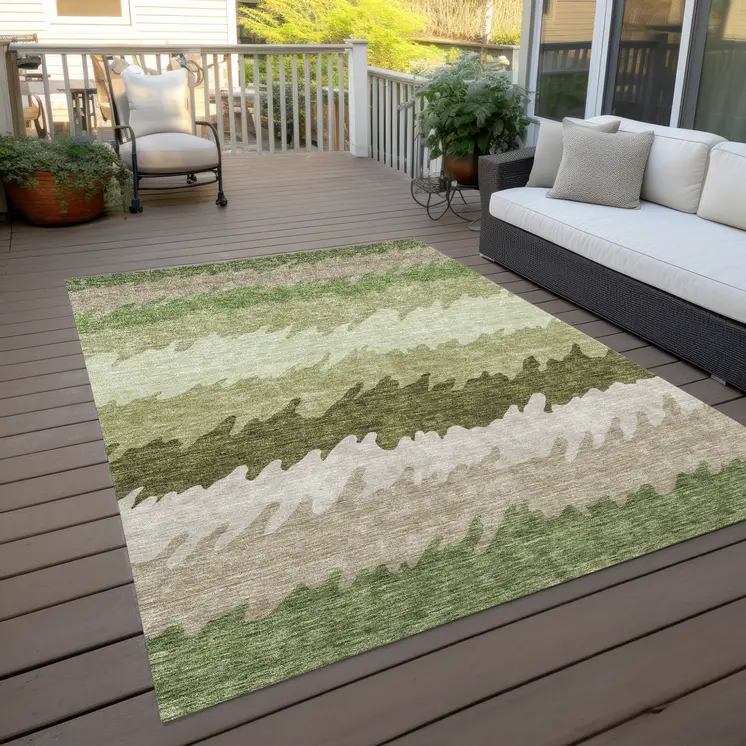 10' X 14' Beige And Olive Green Striped Washable Indoor Outdoor Area Rug