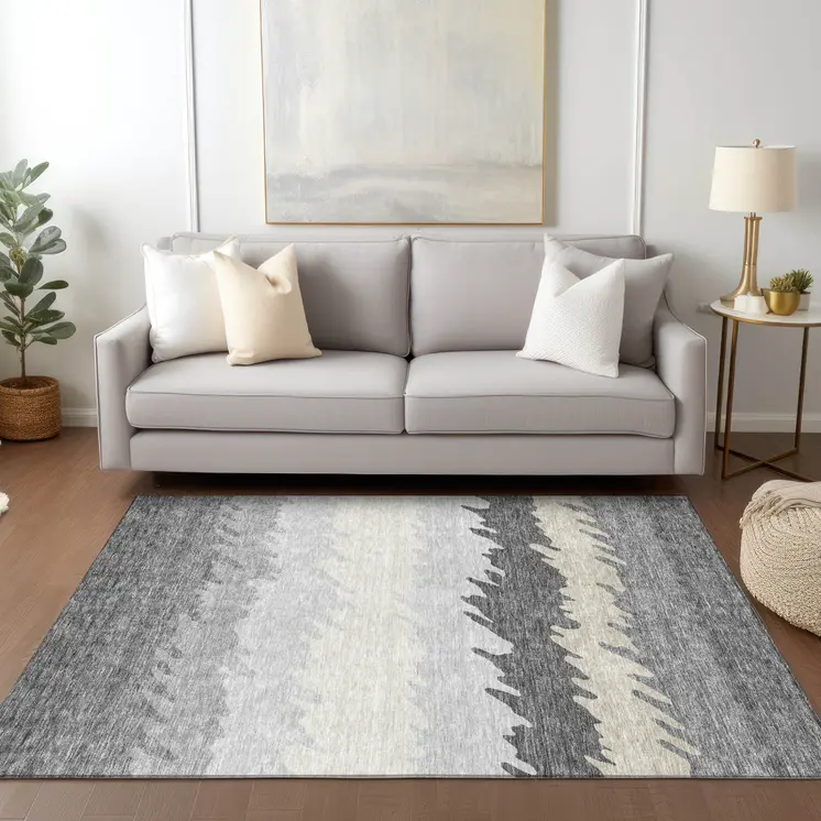 5' X 8' Gray Silver And Charcoal Striped Washable Indoor Outdoor Area Rug