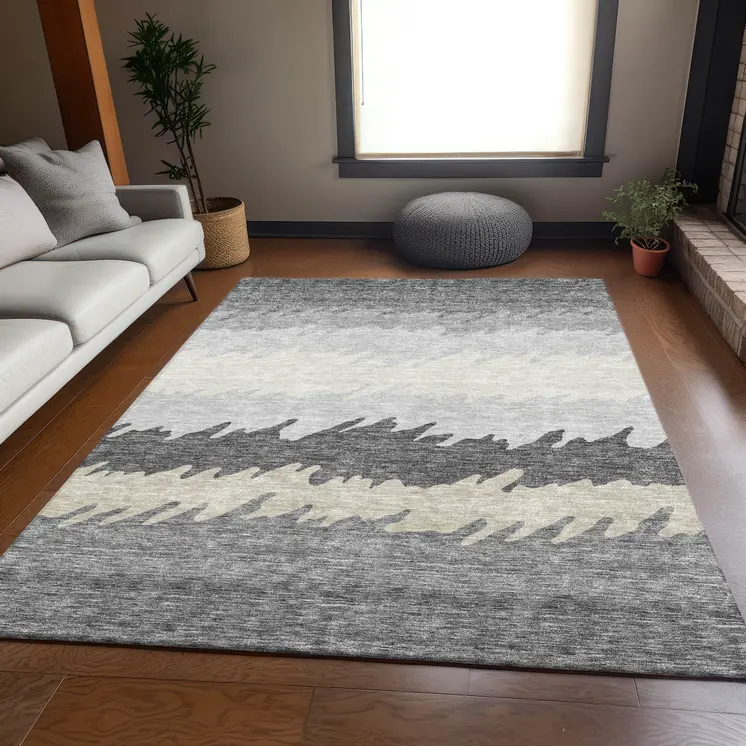 10' X 14' Gray Silver And Charcoal Striped Washable Indoor Outdoor Area Rug
