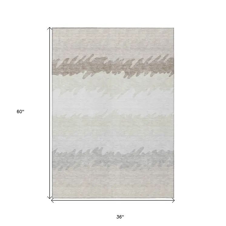 3' X 5' Ivory Beige And Taupe Striped Washable Indoor Outdoor Area Rug