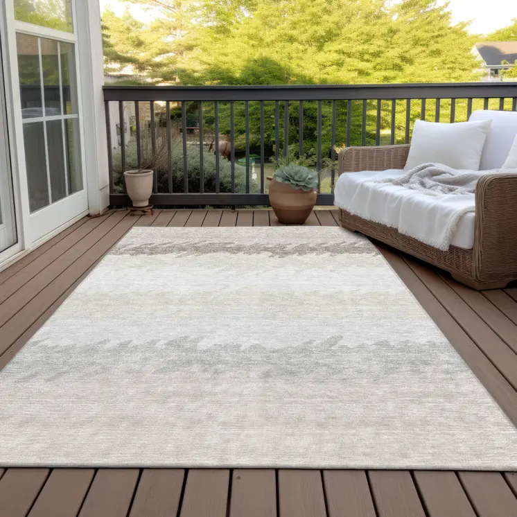 3' X 5' Ivory Beige And Taupe Striped Washable Indoor Outdoor Area Rug