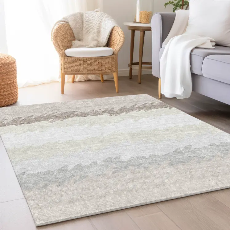 3' X 5' Ivory Beige And Taupe Striped Washable Indoor Outdoor Area Rug