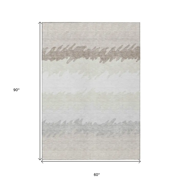 5' X 8' Ivory Beige And Taupe Striped Washable Indoor Outdoor Area Rug