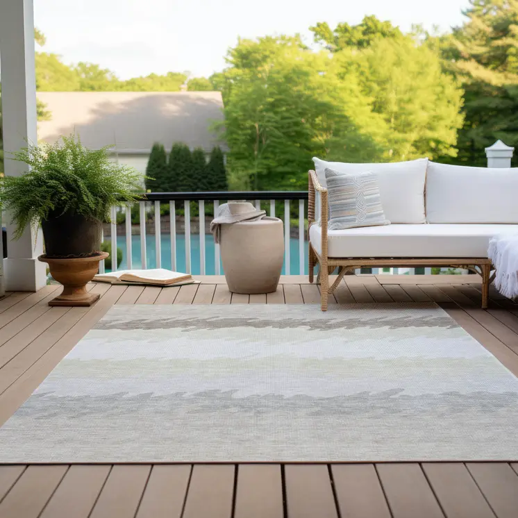 8' X 10' Ivory Beige And Taupe Striped Washable Indoor Outdoor Area Rug