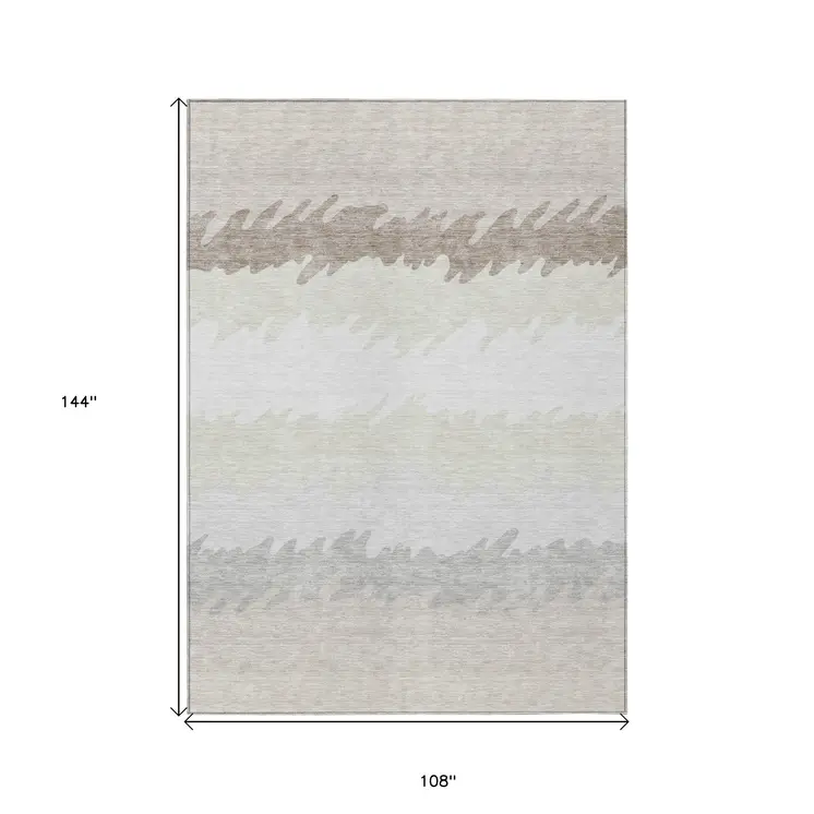 9' X 12' Ivory Beige And Taupe Striped Washable Indoor Outdoor Area Rug